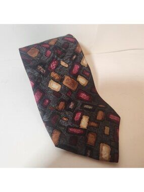 Charter Collection Mens Silk Tie Burgundy Gold Grey Abstract Geometric Mosaic